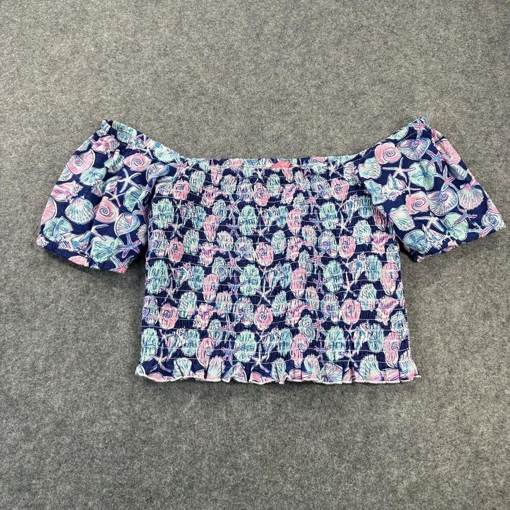 Simply Southern Blouse Womens Large Blue Off Shoulder Smocked Puff Sleeve